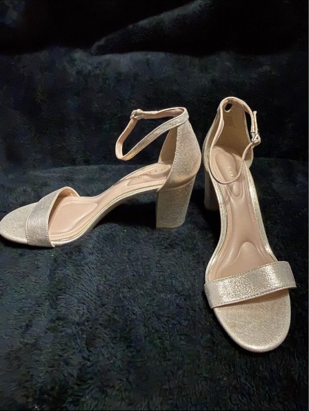 Kelly & Katie Champagne Metallic Block Heel Sandals with Ankle Strap
